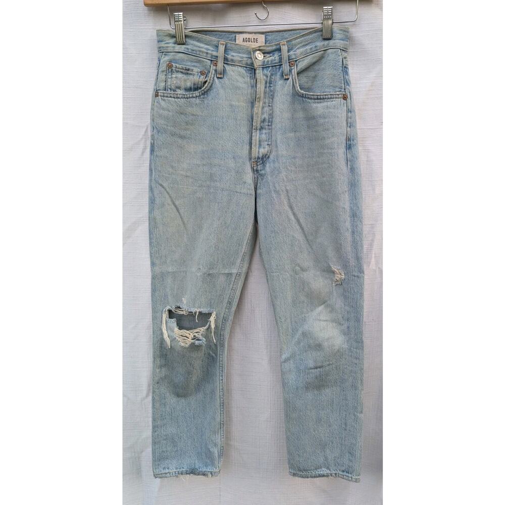 Agolde Womens‎ Riley High Rise Straight Crop Distressed Jeans 25 Blue Light Wash